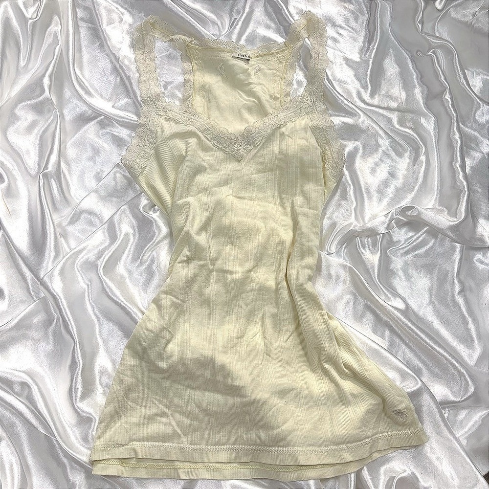y2k Tank Top Yellow Abercrombie & Fitch Lace Trim Ribbed Racerback